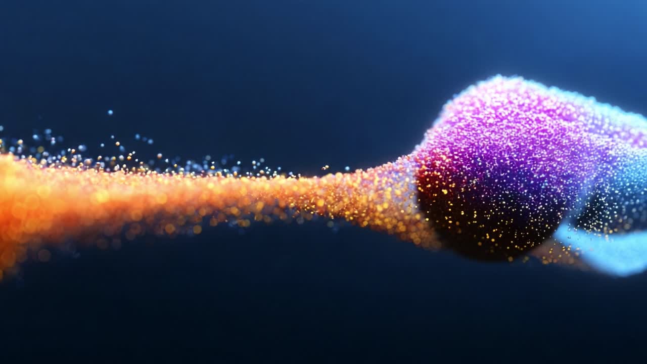 A mesmerizing visual exploration of vibrant particles dynamically interacting in a seamless transition, showcasing the beauty of color fusion and motion in an abstract digital environment