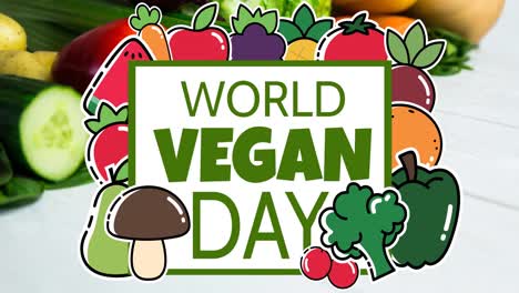 animation of vegan day text in green with fruit and vegetables illustration, over fresh vegetables