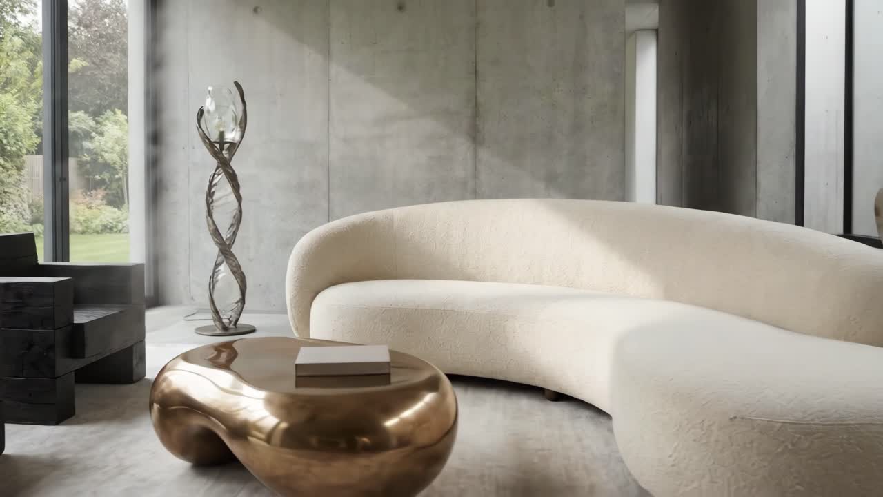 Soggiorno di lusso moderno con arredamento minimalista e vista sul giardino