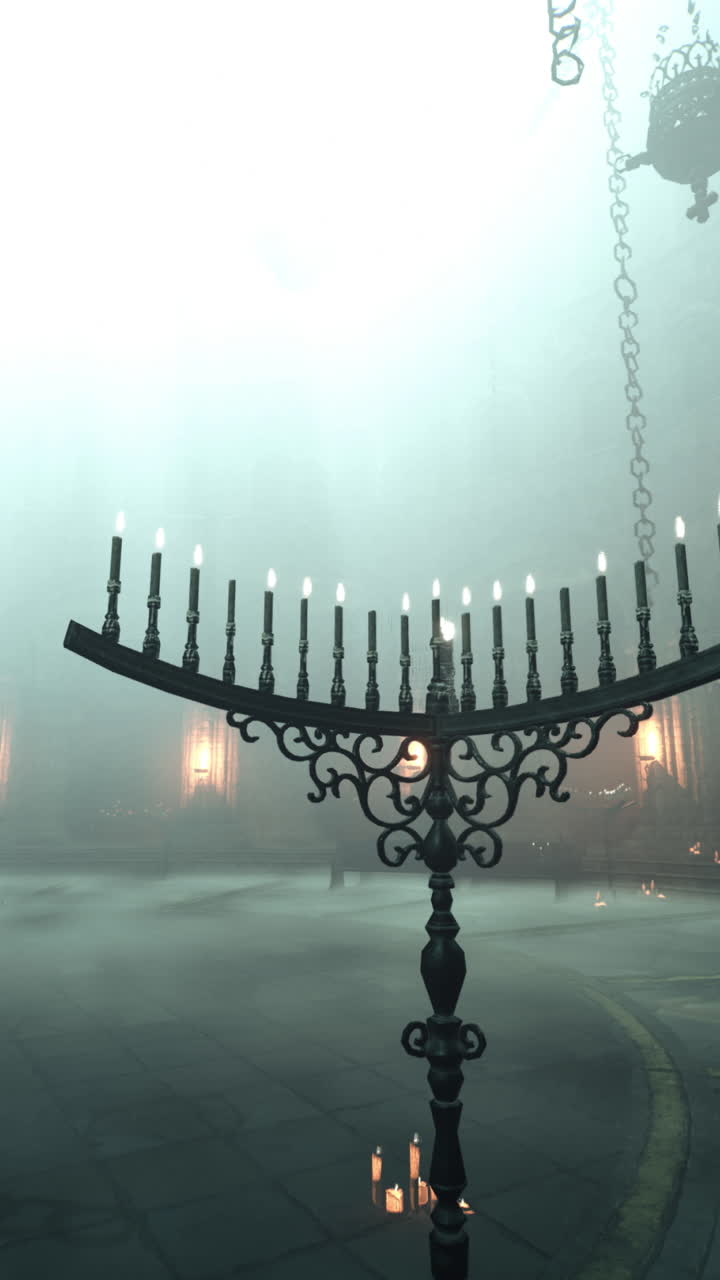 interior de la catedral gótica con candelabros y niebla