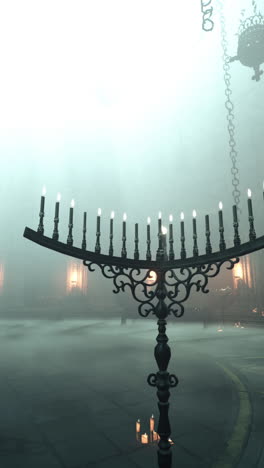 gothic cathedral interior with candelabra and fog