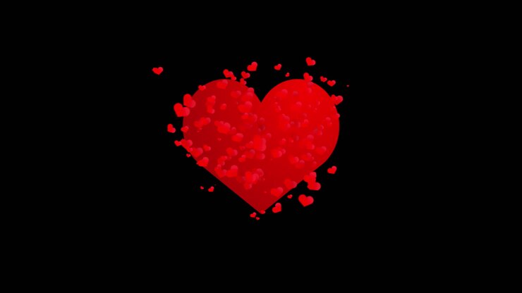 Red beating heart symbol on a black background. Movement of small red hearts. Animated romantic overlay background.