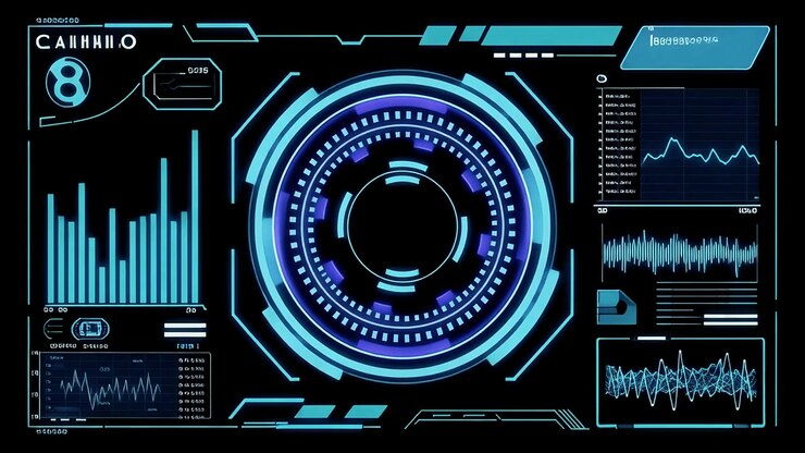 Antarmuka HUD Futuristik Digital dengan Analisis Data dan Animasi Pemindaian