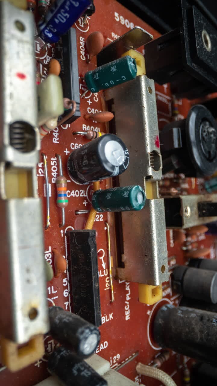 A macro shot of a circuit board in vertical
