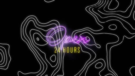 animación de texto abierto las 24 horas, en neón púrpura y amarillo, con líneas de contorno, sobre fondo negro
