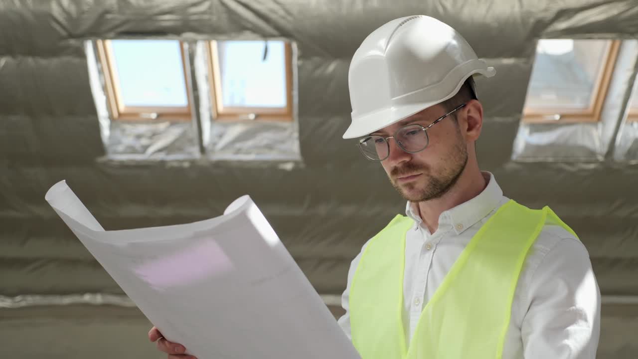 joven ingeniero barbudo concentrado en camisa blanca, casco protector, gafas de pie en un edificio inacabado con planos de planos y mirando lejos pensativo. diseñador arquitecto pensativo.