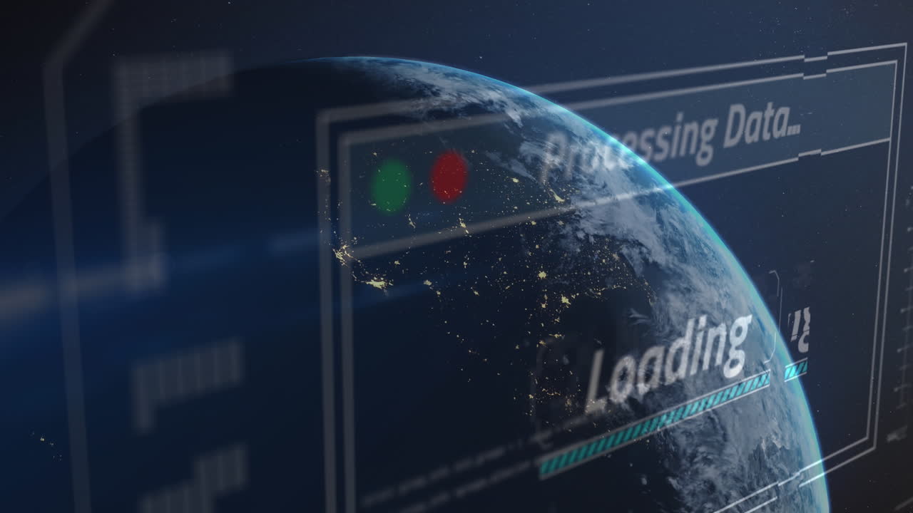 여러 텍스트의 애니메이션, 우주에서 태양에 대항하여 회전하는 지구에 대한 로딩 바