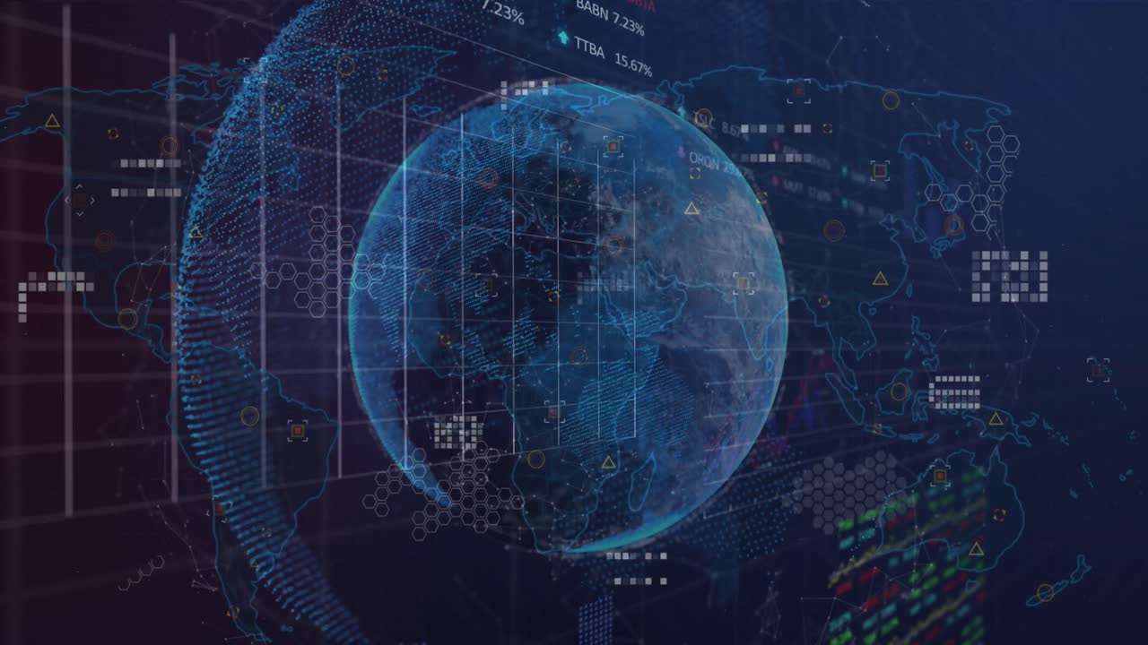 회전하는 지구와 세계 지도를 통해 통계 및 증권 시장 데이터 처리의 애니메이션