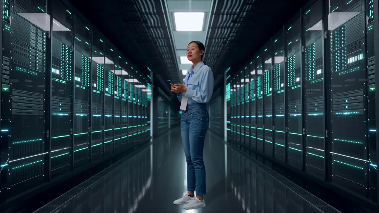 Helkropp sideprofil av en asiatisk kvinnelig medarbeider med telefonen sin i et serverrom/datasenter. Hun ser seg rundt og observerer før hun konsentrerer seg om smarttelefonen sin.