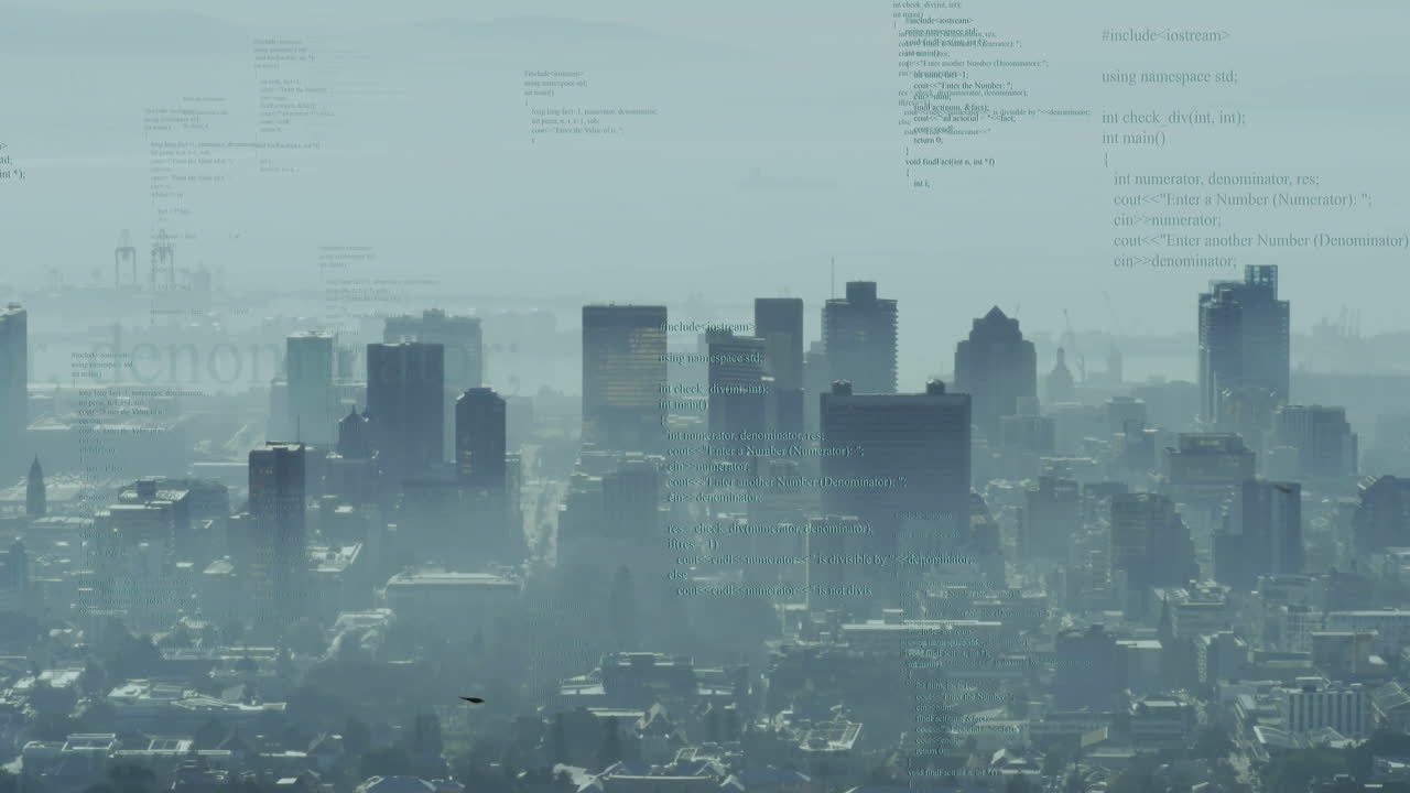 Animation of programming code overlaying city skyline in hazy atmosphere
