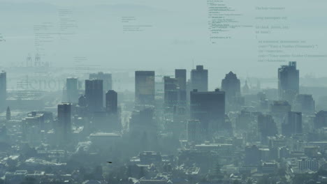 animation of programming code overlaying city skyline in hazy atmosphere