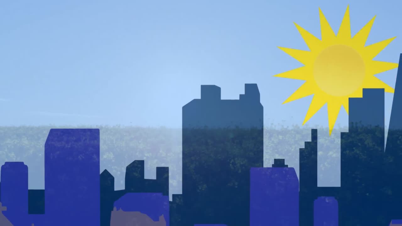 Animação de cidade e sol sobre paisagem