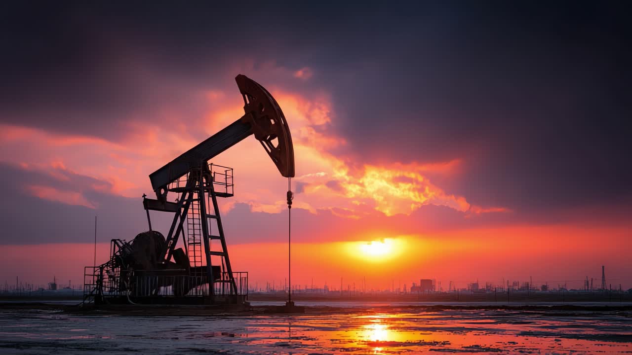 En slående silhuet af en olieboreplatform mod en levende solnedgang, der fanger skønheden og den industrielle betydning ved energiudvinding i skumringen.