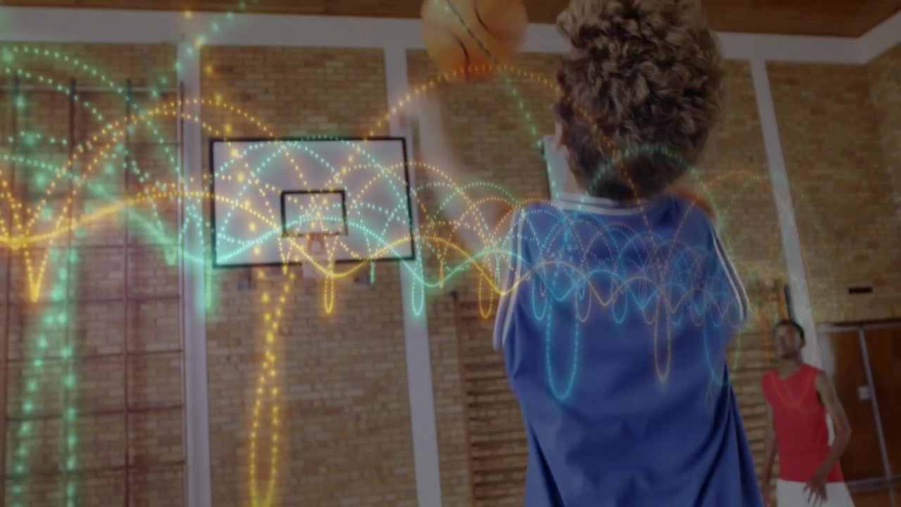 Student raising and releasing basketball in school gym, animated arcs tracing shot for practice