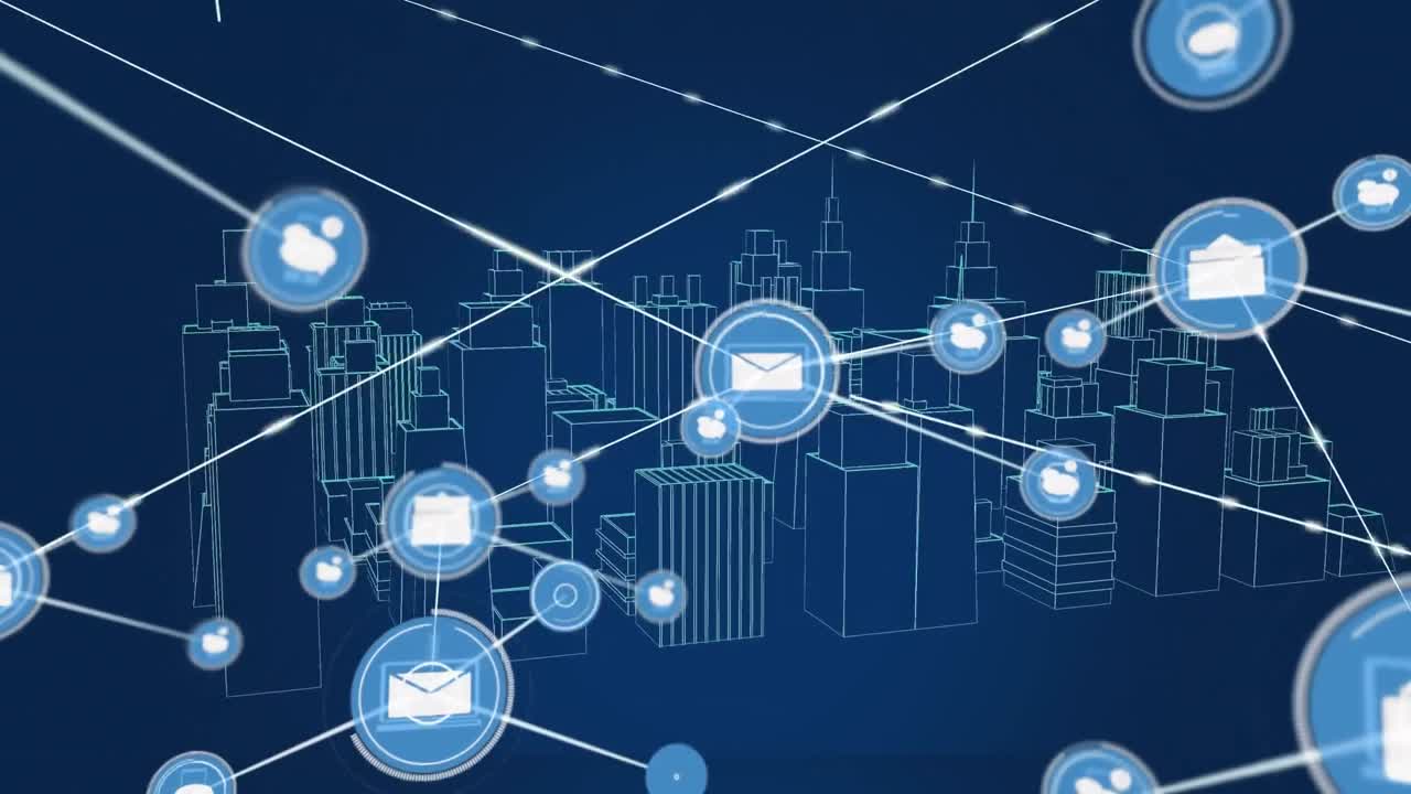 Animation of network of digital icons over spinning 3d city model against blue background