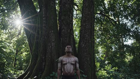 muscular indigenous warrior wearing traditional body paint standing amid dense forest, sunlight streaming through verdant canopy, embodying deep spiritual connection with wilderness landscape