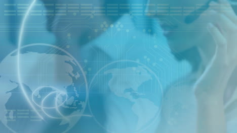 animated multi-ethnic call center team with tech in a global work concept.
