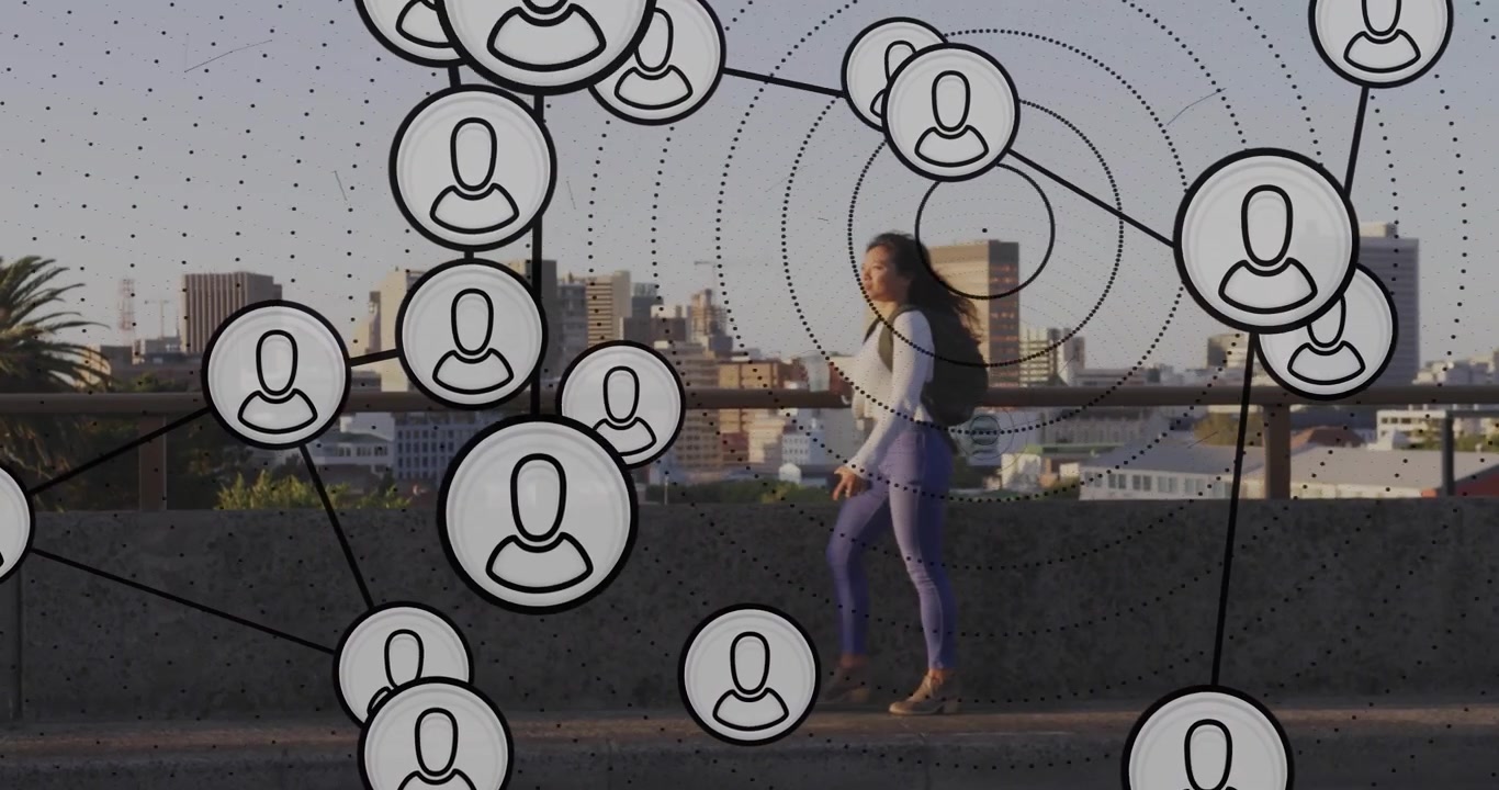 Network nodes drifting creating tech data overlay while woman walking overpass sipping coffee