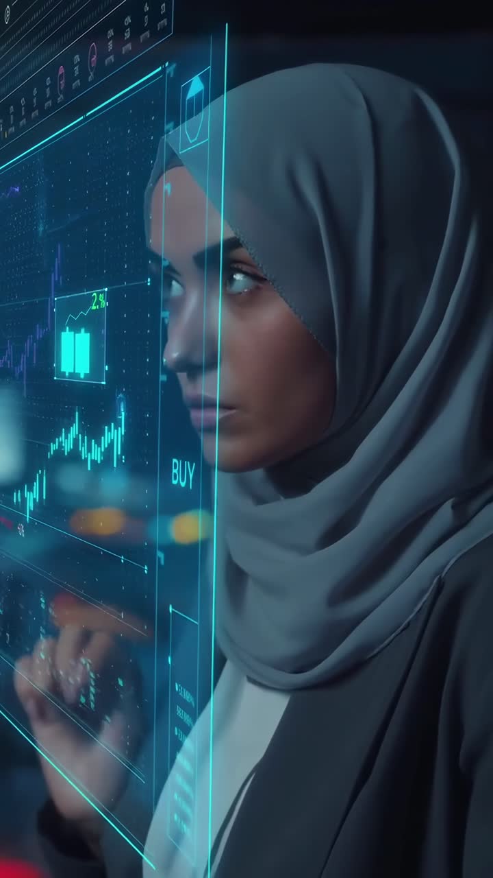 Video con angolazione laterale di una donna con hijab che analizza grafici azionari digitali futuristici