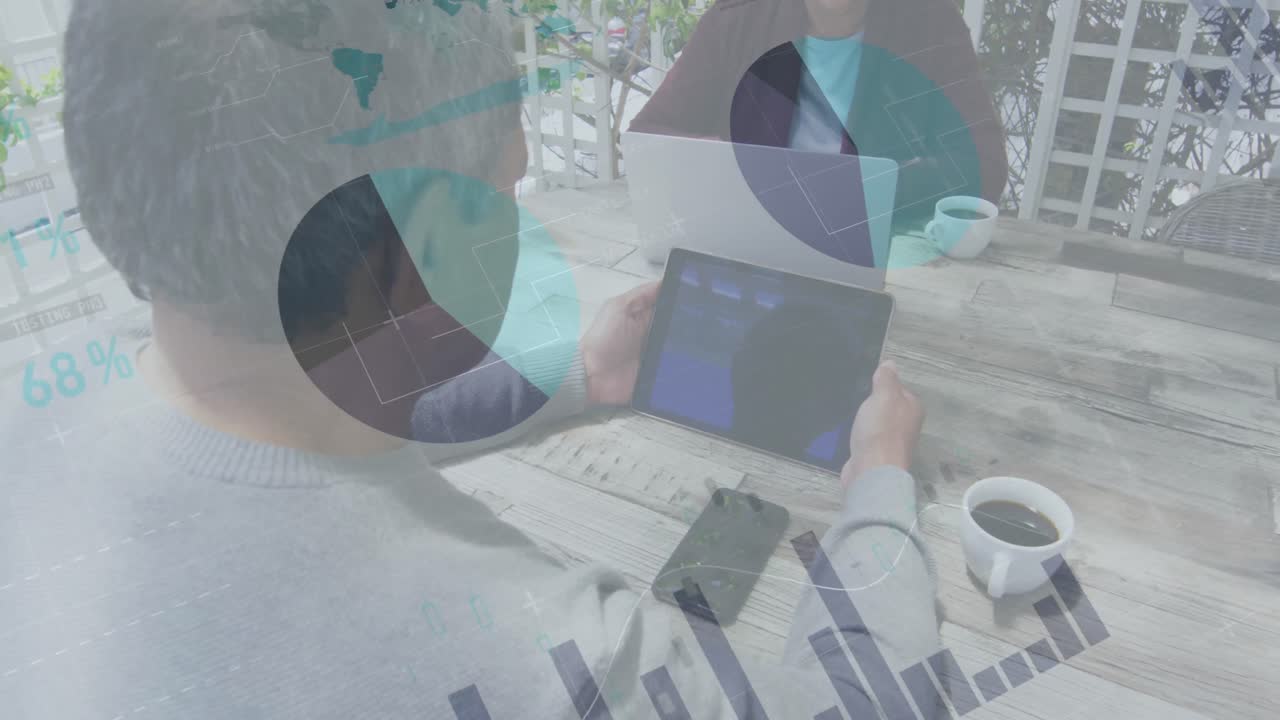 Statistical data processing against african american man using digital tablet