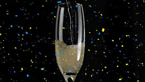 pouring champagne into glass with falling confetti animation on black background