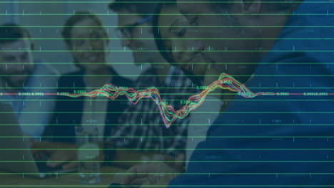 financial data graph animation over diverse group collaborating in office setting