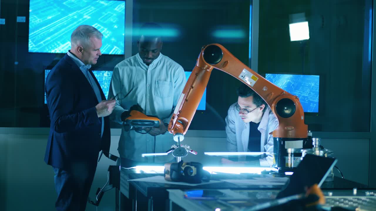 Engineers discussing idustrial robot new features