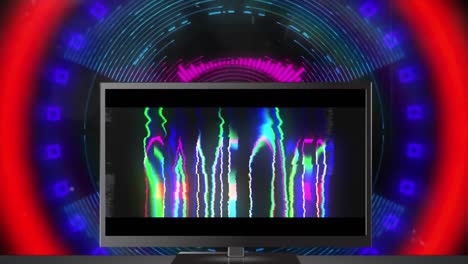 Animation-of-glowing-game-over-text-over-television-screen-with-kaleidoscope-geometric-shapes-on-bla