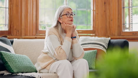 Thinking,-reflection-and-senior-woman-on-sofa