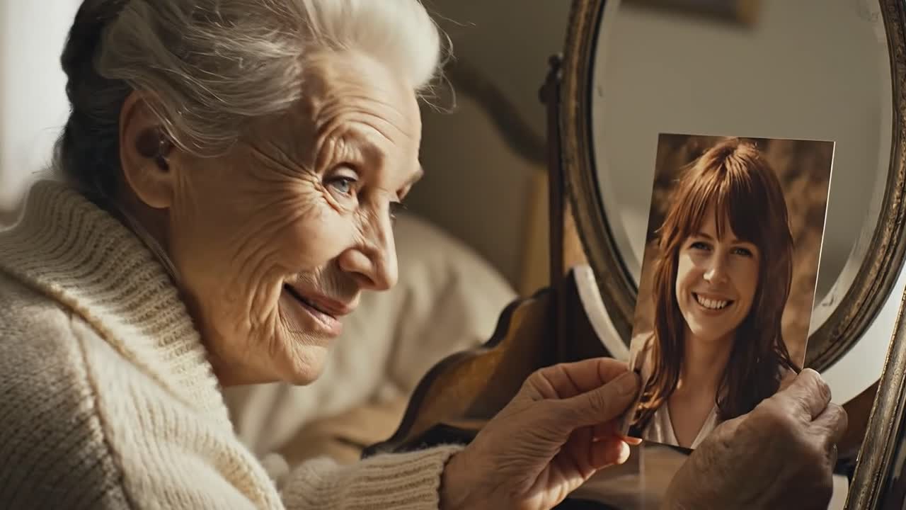elderly woman looking at photo of younger woman
