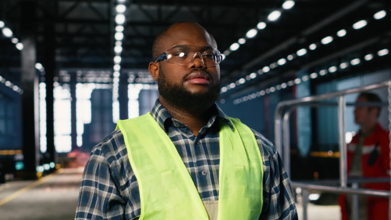 African american supervisor in warehouse uses equipment to guide operator teams