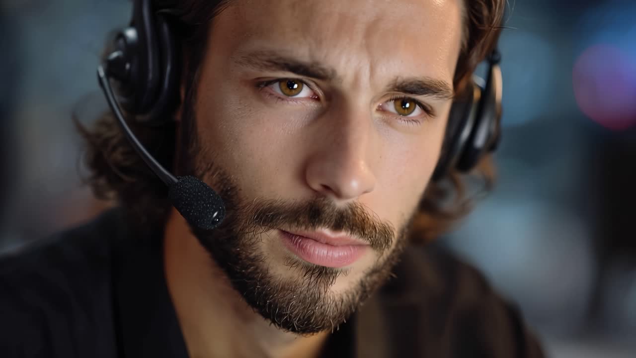 Focused man wears headset, eyes show concentration. Soft background glow hints at tech or gaming environment. Heavily involved in real-time communication task. Ideal for customer support