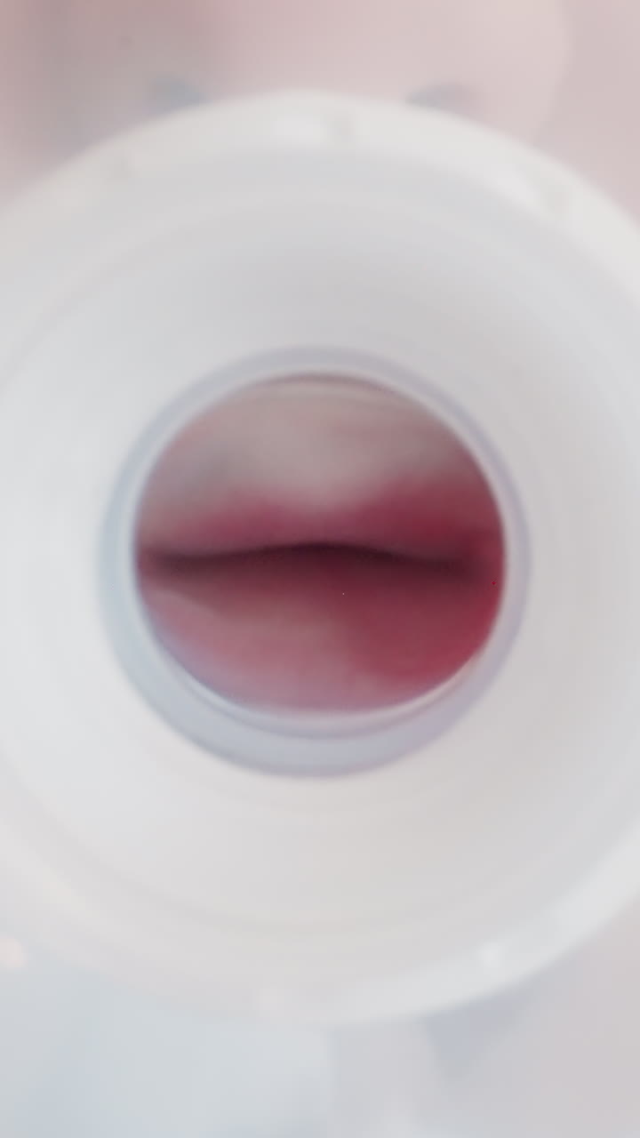 Thirsty child holds transparent plastic bottle and sucks silicone nipple. Little boy lips move trying to drink water or milk. View from bottom macro