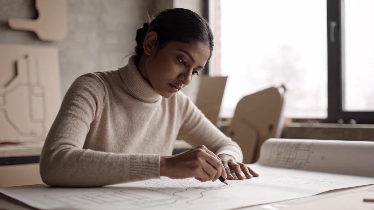 A young woman sits in a design studio, intently sketching concepts on a large sheet of paper, surrounded by architectural models and natural light from the window.
