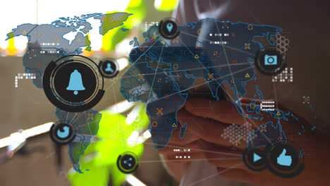 using smartphone, person viewing digital icons overlay on world map animation