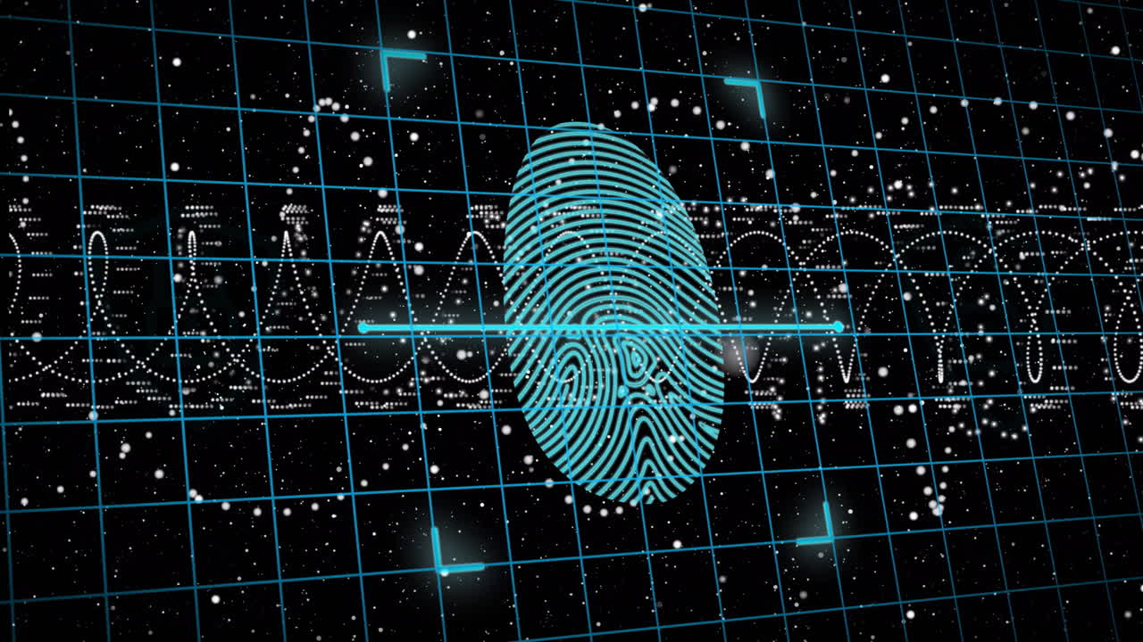 animación de la huella dactilar con escaneo sobre procesamiento de datos sobre rastros de luz sobre fondo negro