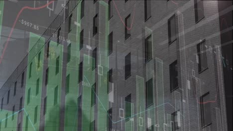 animation of financial data processing over cityscape