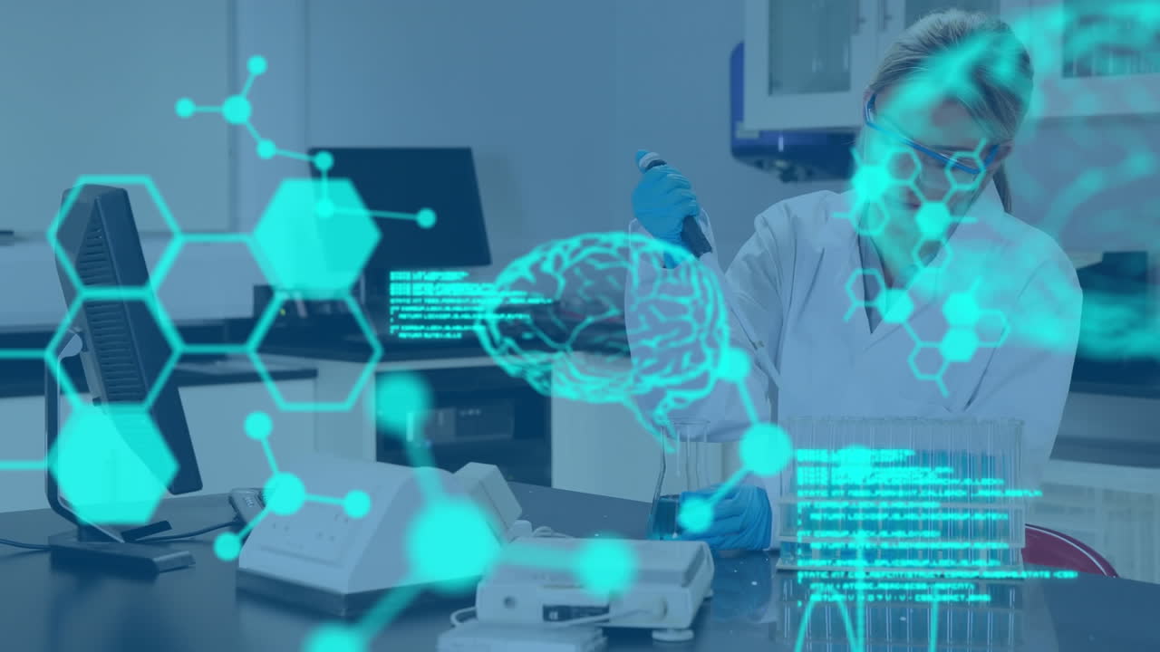 실험실에서 일하는 백인 여성 과학자에 대한 의료 데이터 처리 애니메이션