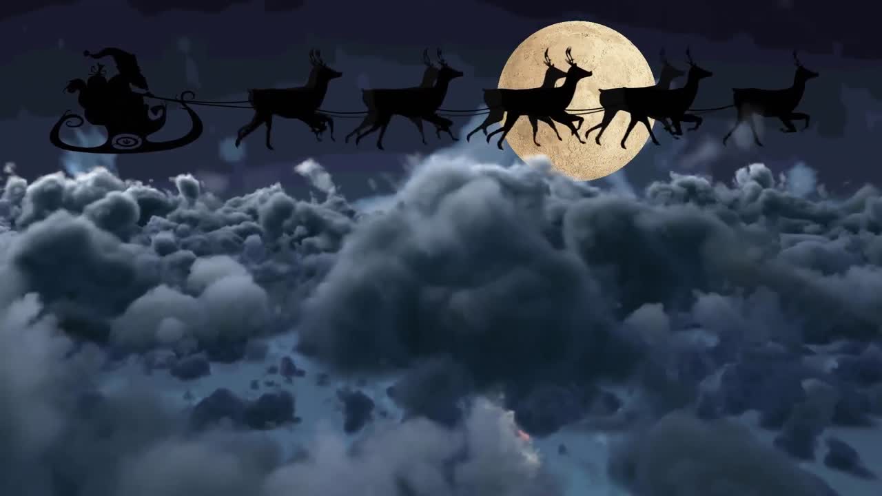 animación de santa claus en trineo con renos sobre nubes y luna