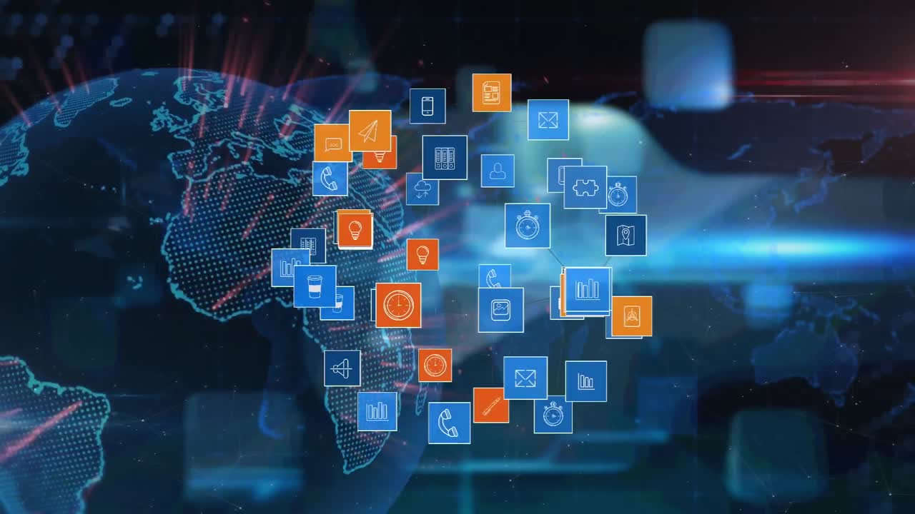 Animation of globe with icons and network of connections