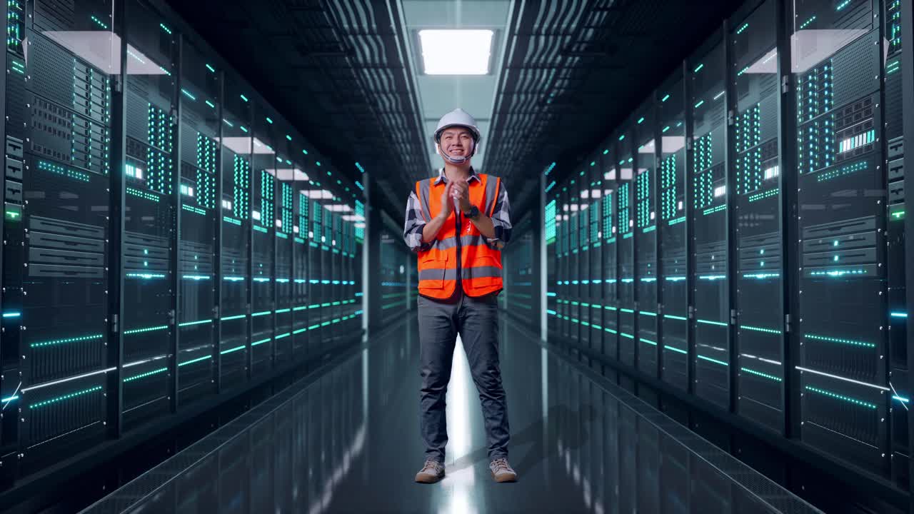 Full Body Of Asian Male Engineer With Safety Helmet Smiling And Clapping His Hands While Standing in Server Room Data Center