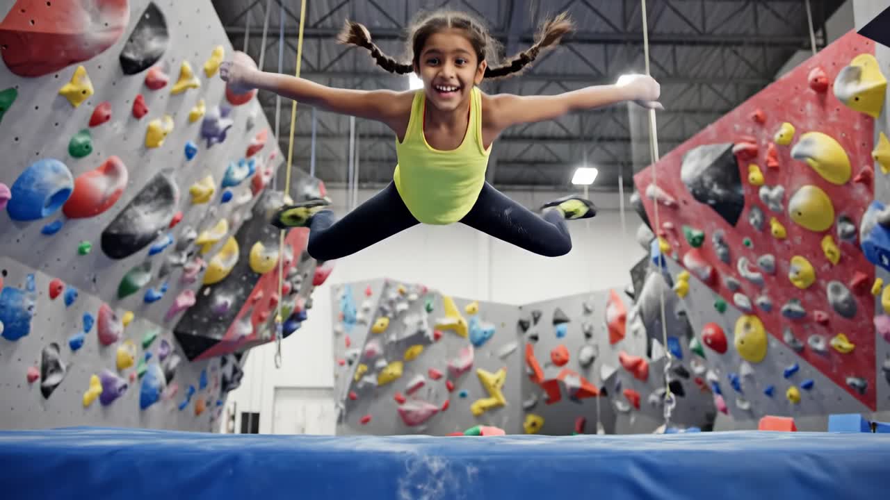 Girl doing gymnastics at indoor rock climbing gym