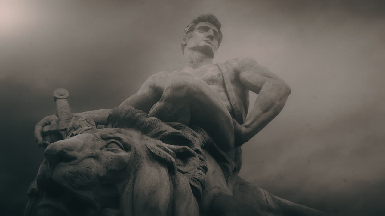 Epic, ancient stone statue on cloudy day and windy weather.