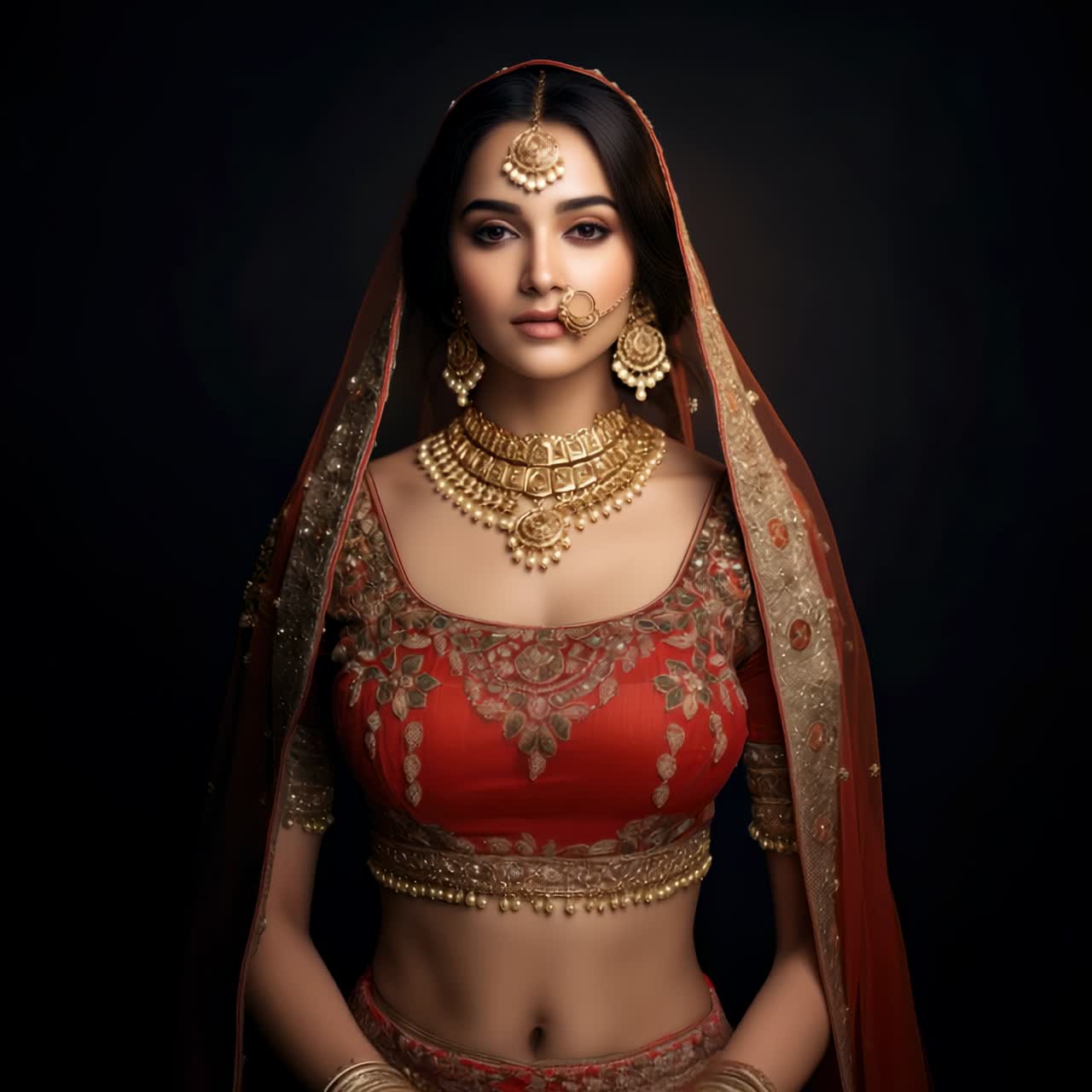Elegant portrait of a woman in traditional attire, adorned with gold ...