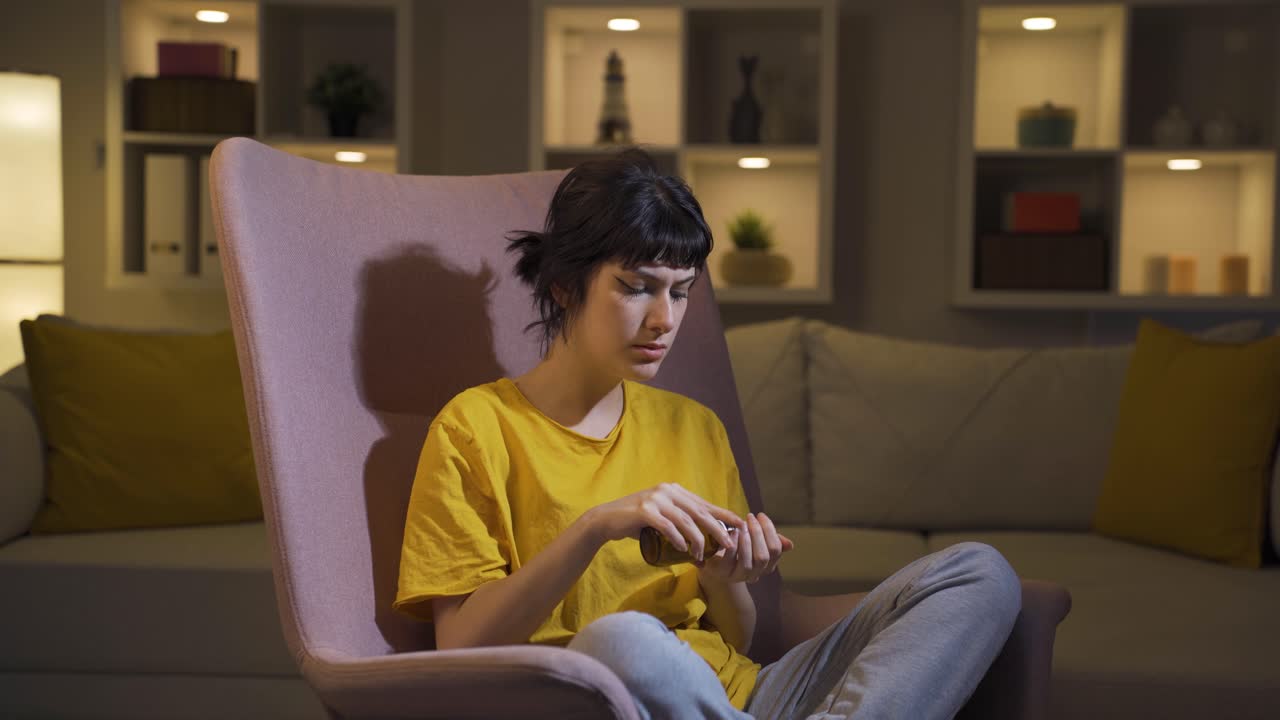 la joven que quiere suicidarse tomando pastillas.