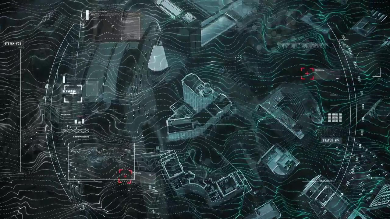 Animation of shapes and data processing over cityscape