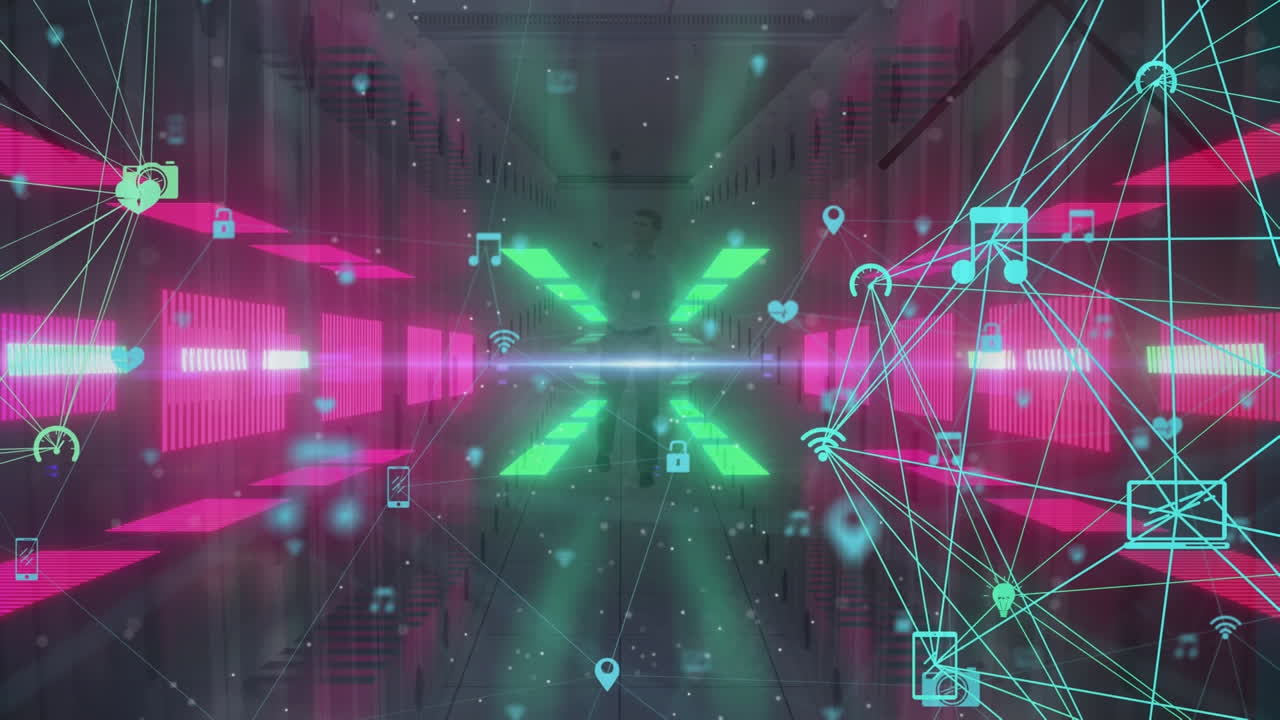 네온 디지털 공간에서 움직이는 기술 아이콘과 연결 네트워크의 애니메이션