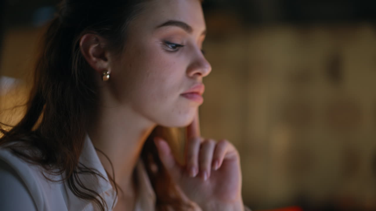 Freelancer hands typing laptop at night writing email closeup. Serious woman