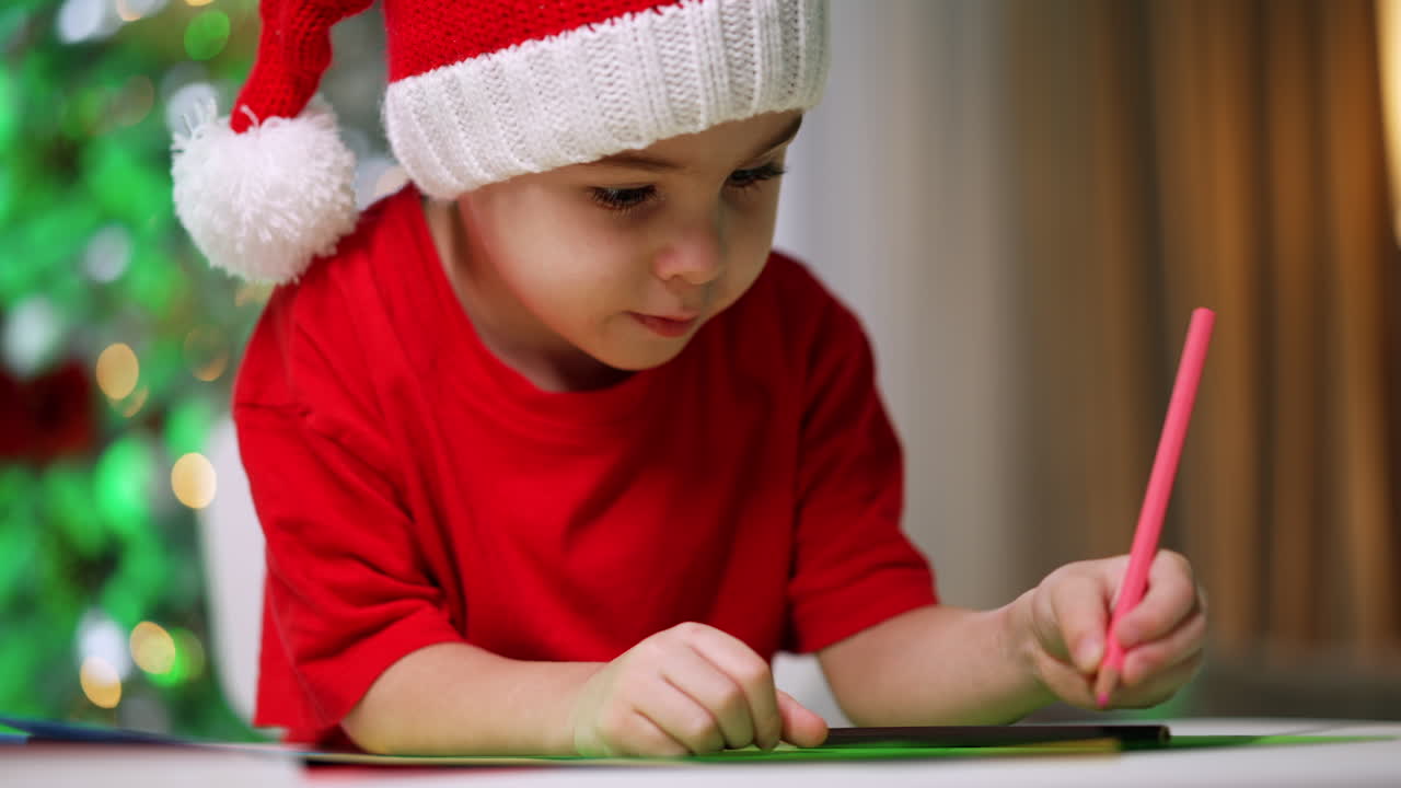 Cute focused kid in Santa cap holds a pink pencil. Portrait of a baby boy drawing at home. Close up.
