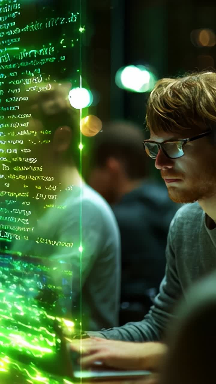 Focused Programmer Analyzing Complex Code in a Dimly Lit Environment, Surrounded by Digital Effects and a Tech-Savvy Atmosphere of Innovation and Creativity